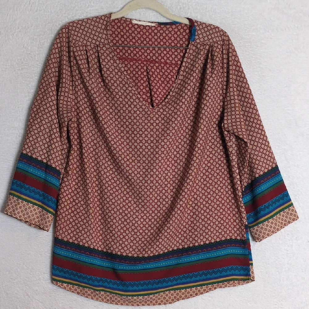 Ezra Women's Red Patterned‎ Boho 3/4 Sleeve Shirt Size M